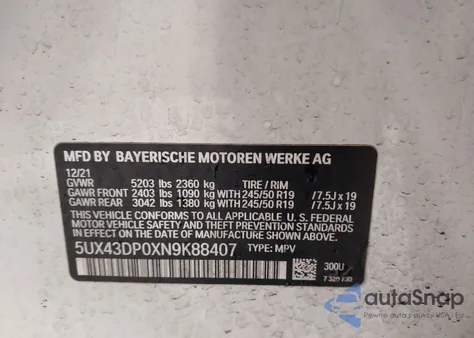 2022 BMW X3 Sdrive30I from USA, damaged, VIN 5UX43DP0XN9K88407